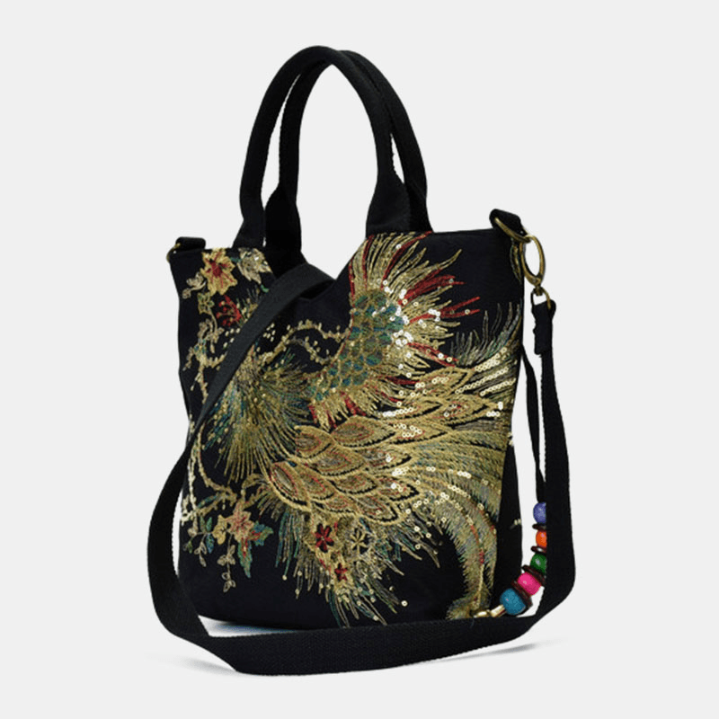 Handgemaakte canvas handtas met pauw borduurwerk – Pavone Arte - Glamorix