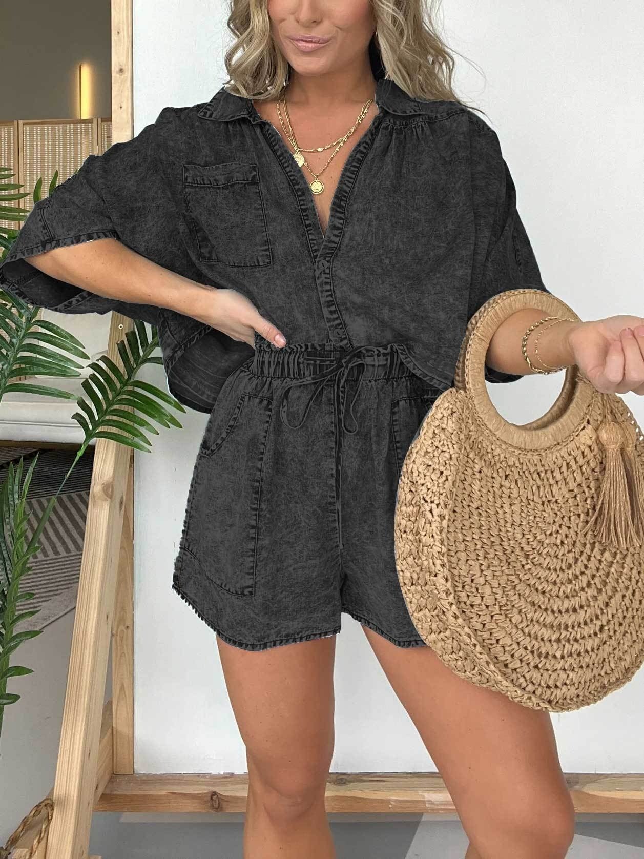 Denim co-ord set voor dames met oversized top en elastische taille – DENARA STREETSET - Glamorix