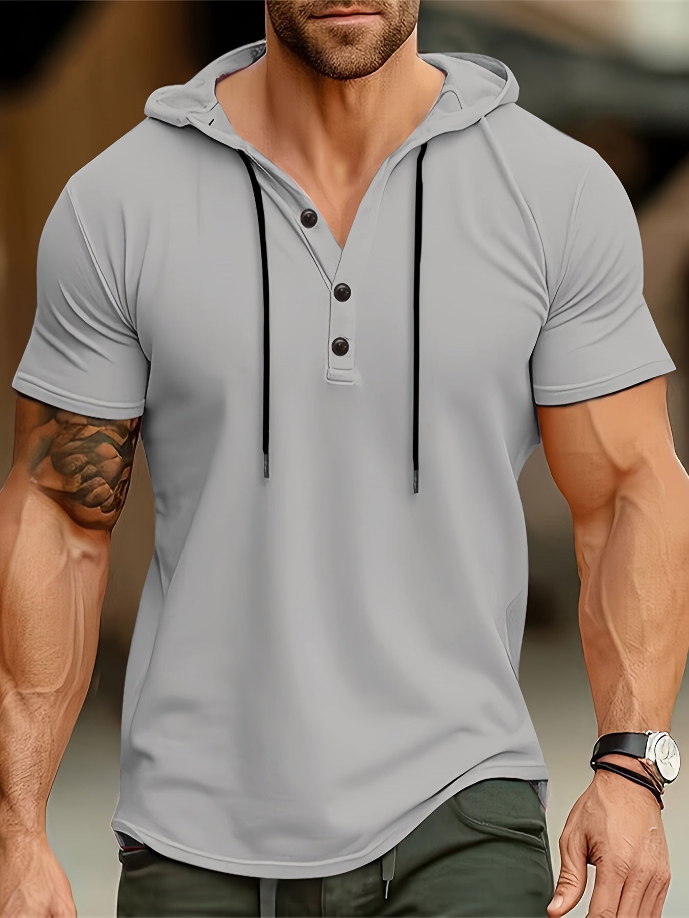 Alberico | Korte mouwen T-shirt met capuchon en knoopsluiting voor heren - Casual Top - Glamorix