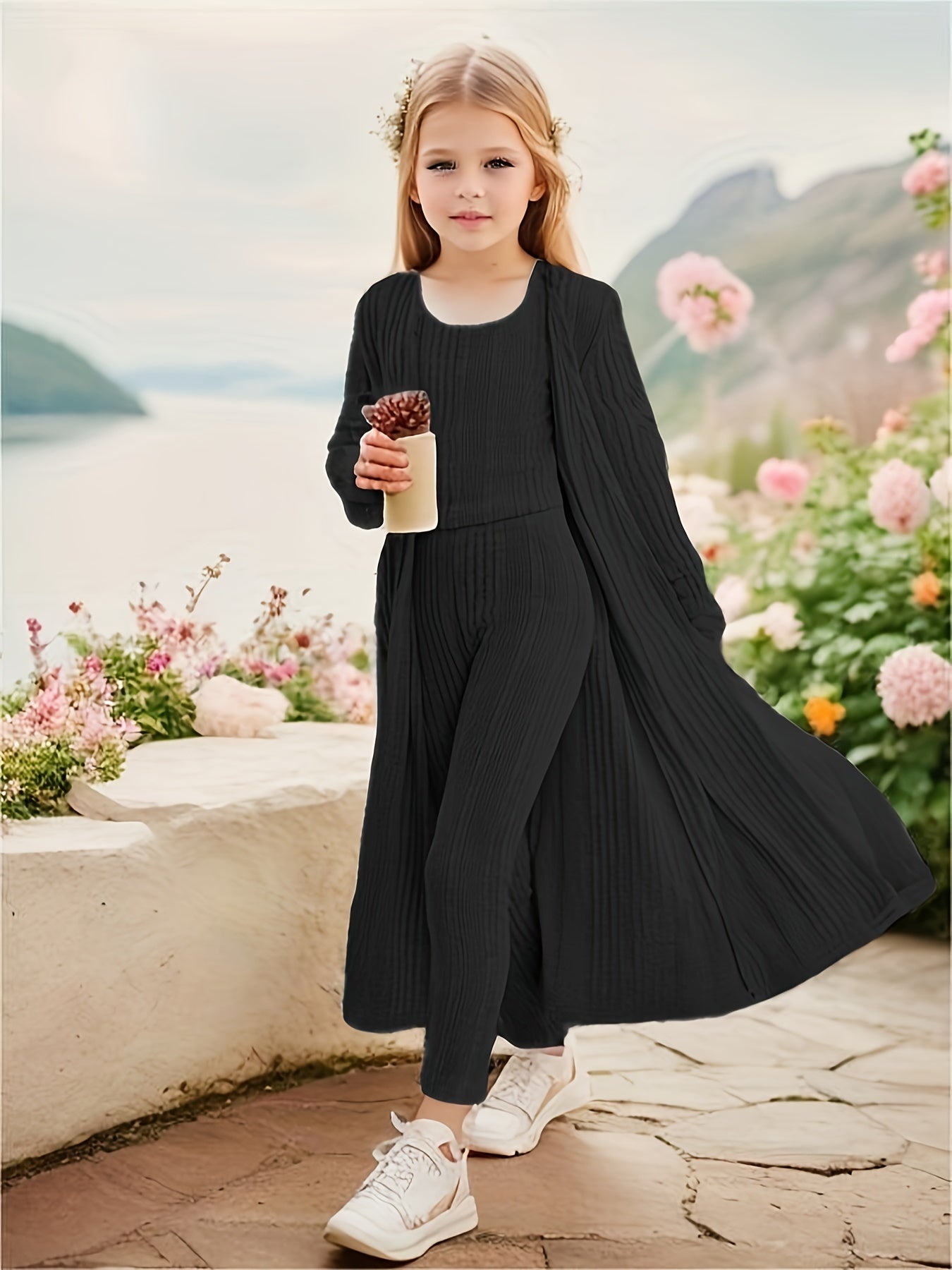 EVA - 3-delige stretchy gebreide set met vest, top en legging voor meisjes