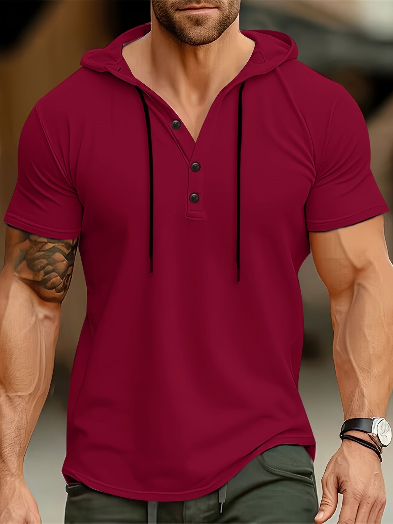 Alberico | Korte mouwen T-shirt met capuchon en knoopsluiting voor heren - Casual Top - Glamorix