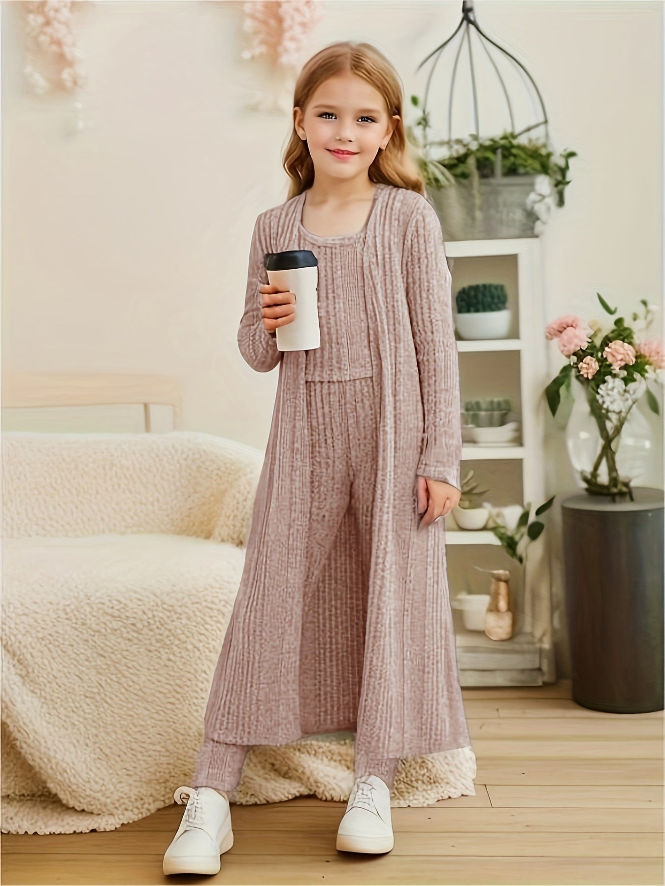 EVA - 3-delige stretchy gebreide set met vest, top en legging voor meisjes