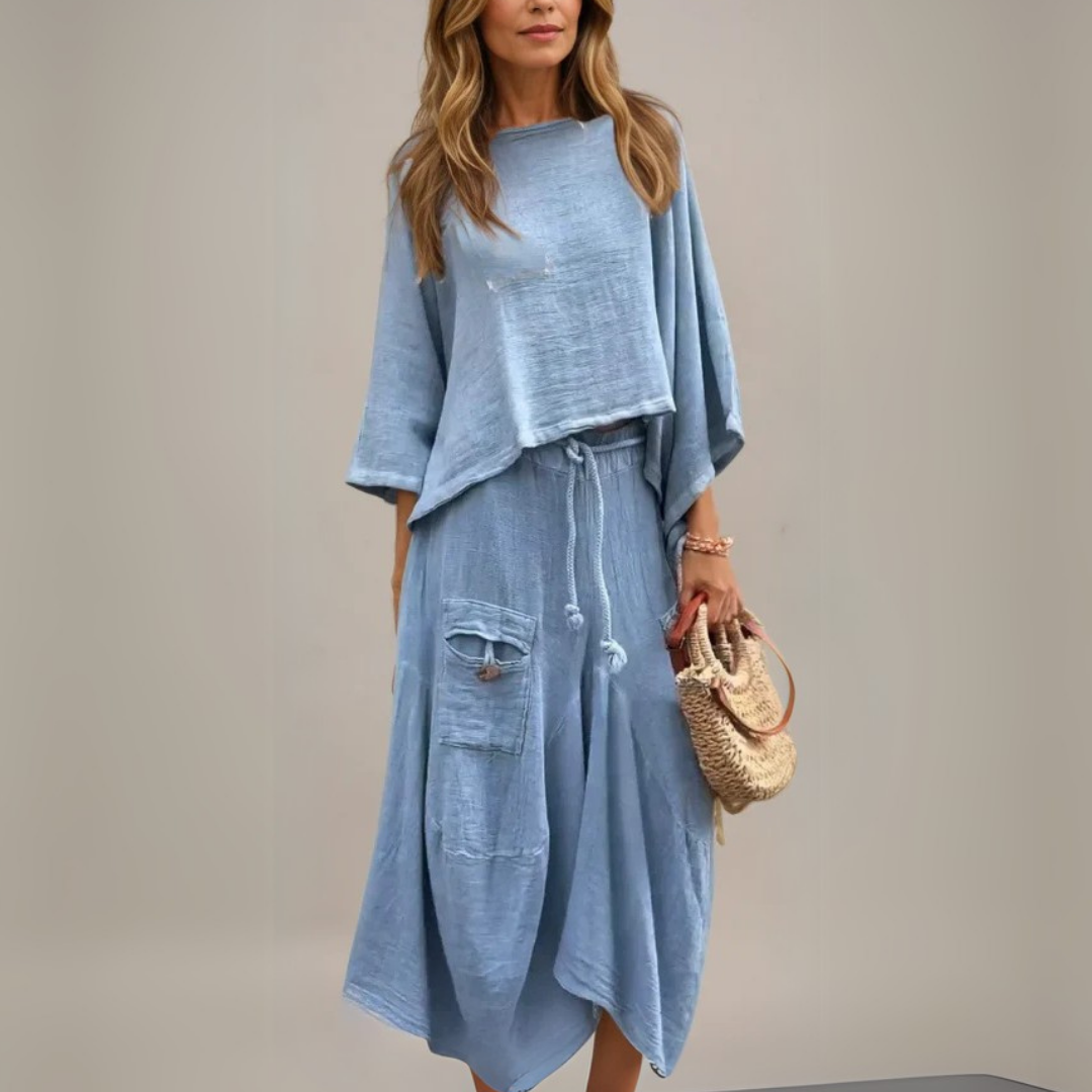 Tweedelige dames set met casual top en losvallende rok – SOLENA SET - Glamorix