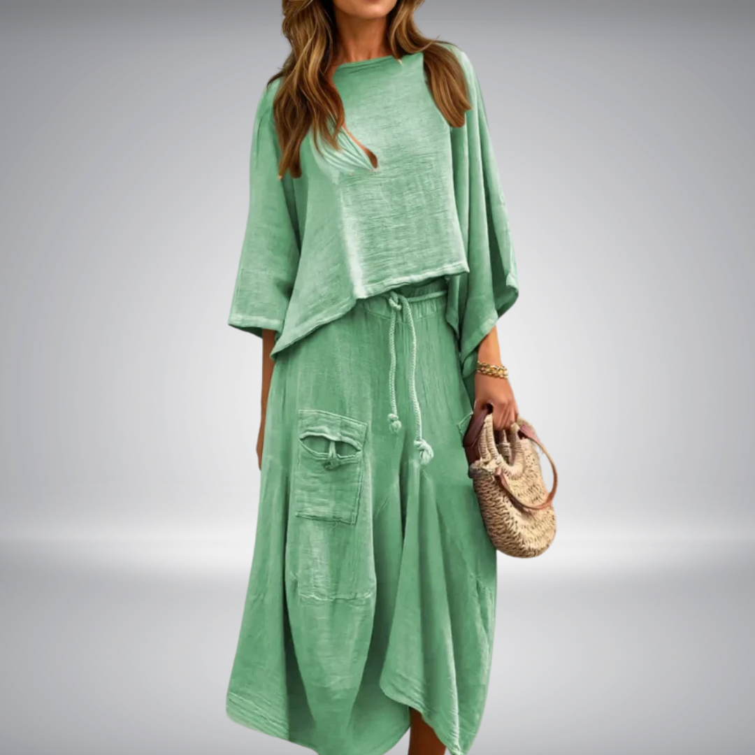 Tweedelige dames set met casual top en losvallende rok – SOLENA SET - Glamorix