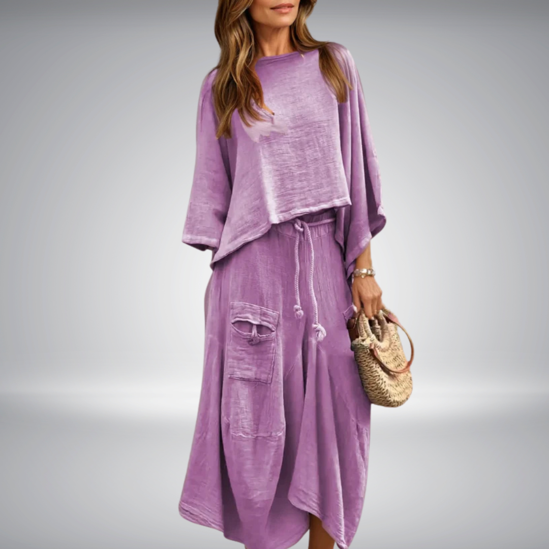 Tweedelige dames set met casual top en losvallende rok – SOLENA SET - Glamorix