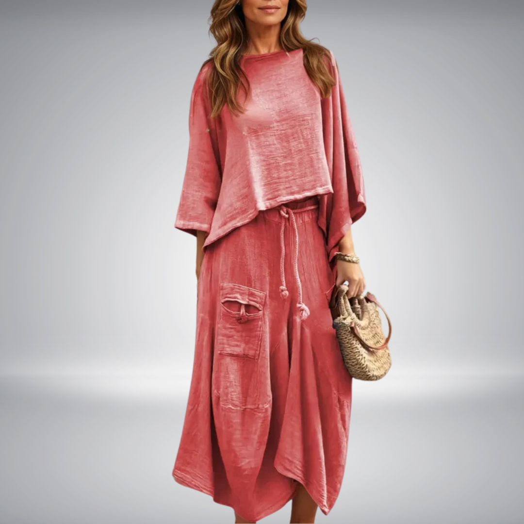 Tweedelige dames set met casual top en losvallende rok – SOLENA SET - Glamorix