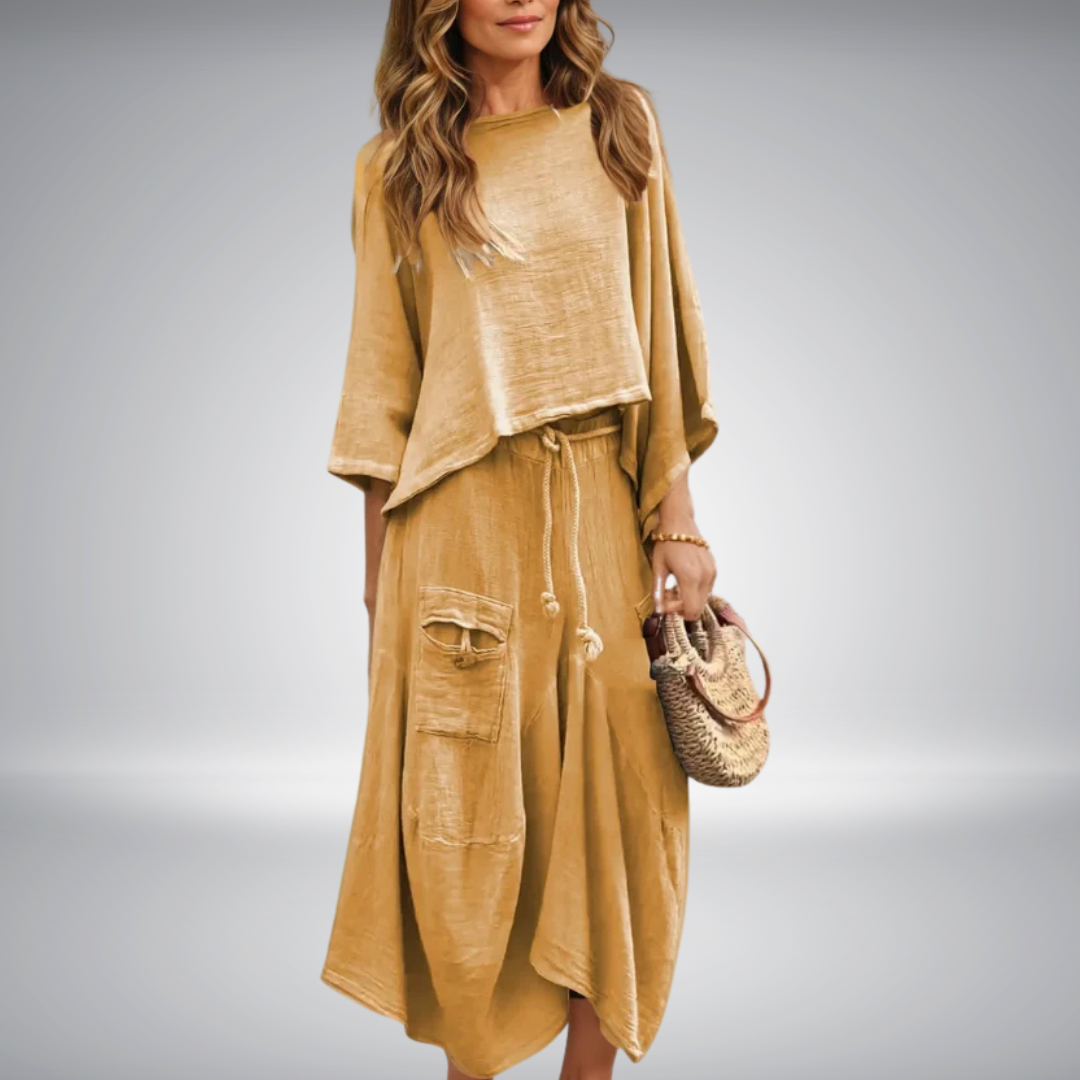 Tweedelige dames set met casual top en losvallende rok – SOLENA SET - Glamorix