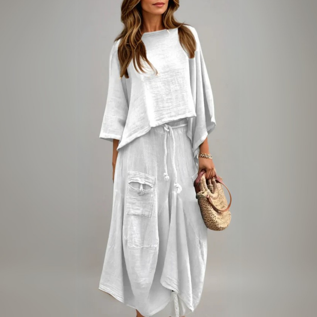 Tweedelige dames set met casual top en losvallende rok – SOLENA SET - Glamorix