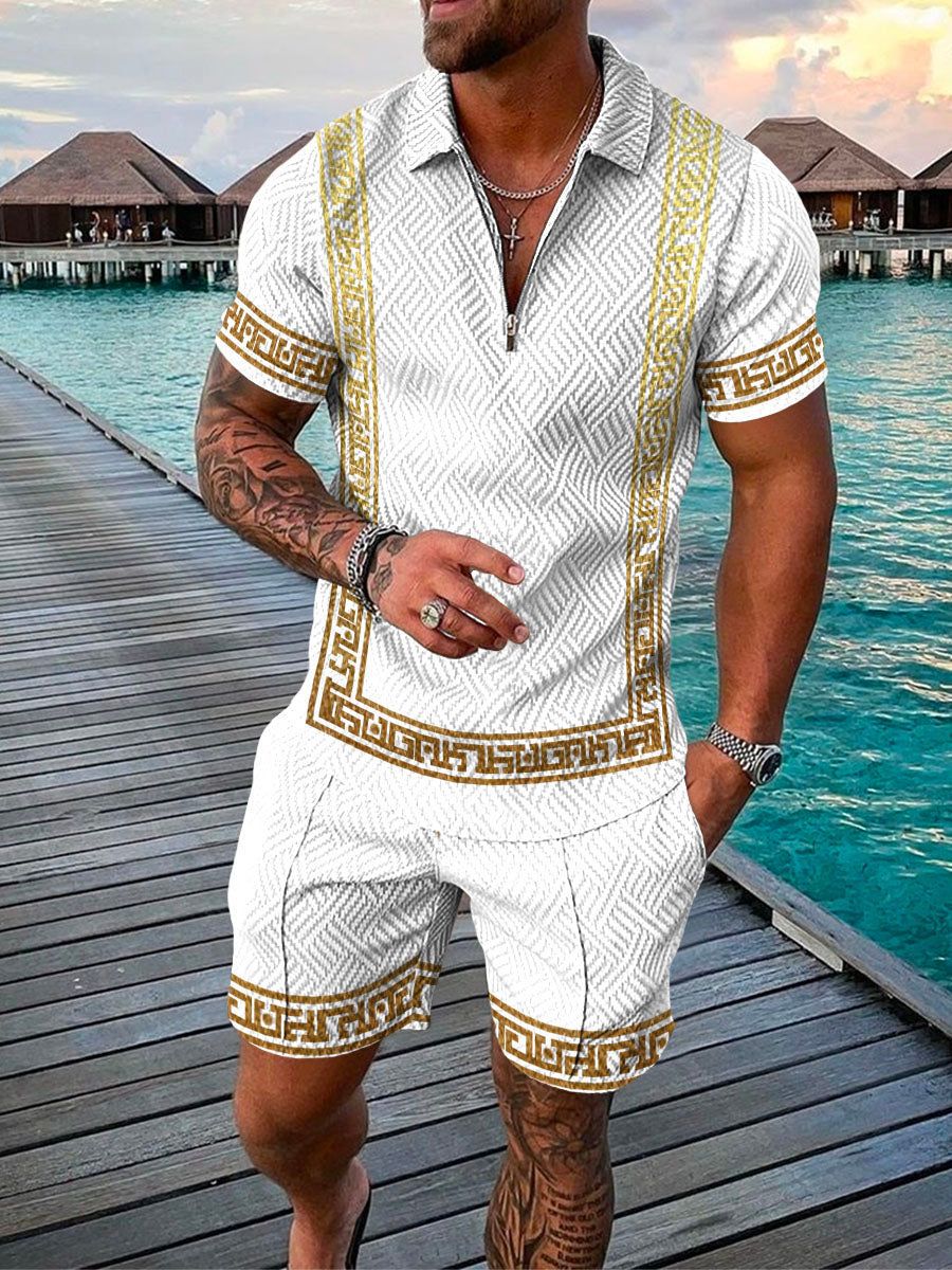 Heren set met poloshirt en short met grafische details – ENZO COORDSET - Glamorix