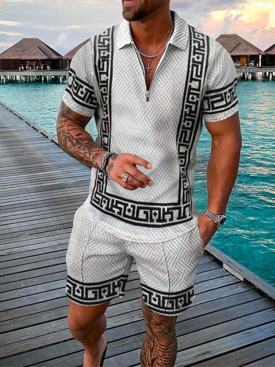 Heren set met poloshirt en short met grafische details – ENZO COORDSET - Glamorix
