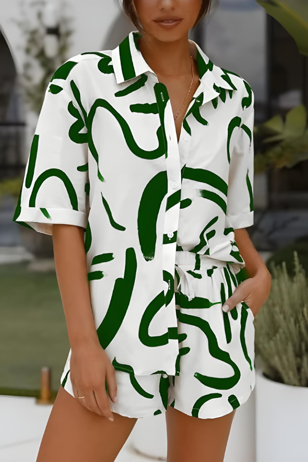 Tweedelige dames set met losvallende blouse en short – MAELIE LINNSET - Glamorix