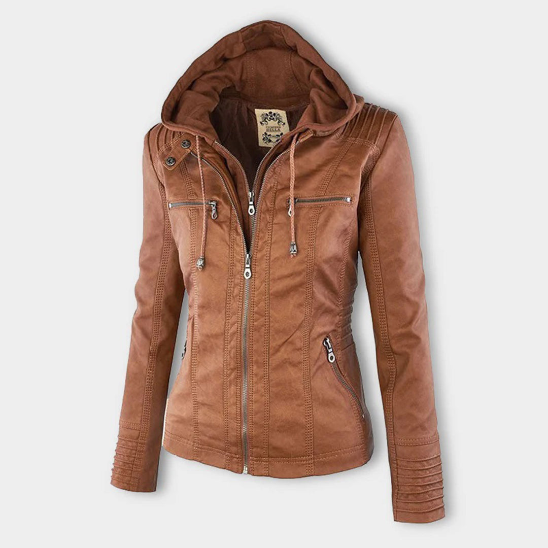 LEIGH – Chaqueta de cuero impermeable para mujer con capucha - Glamorix