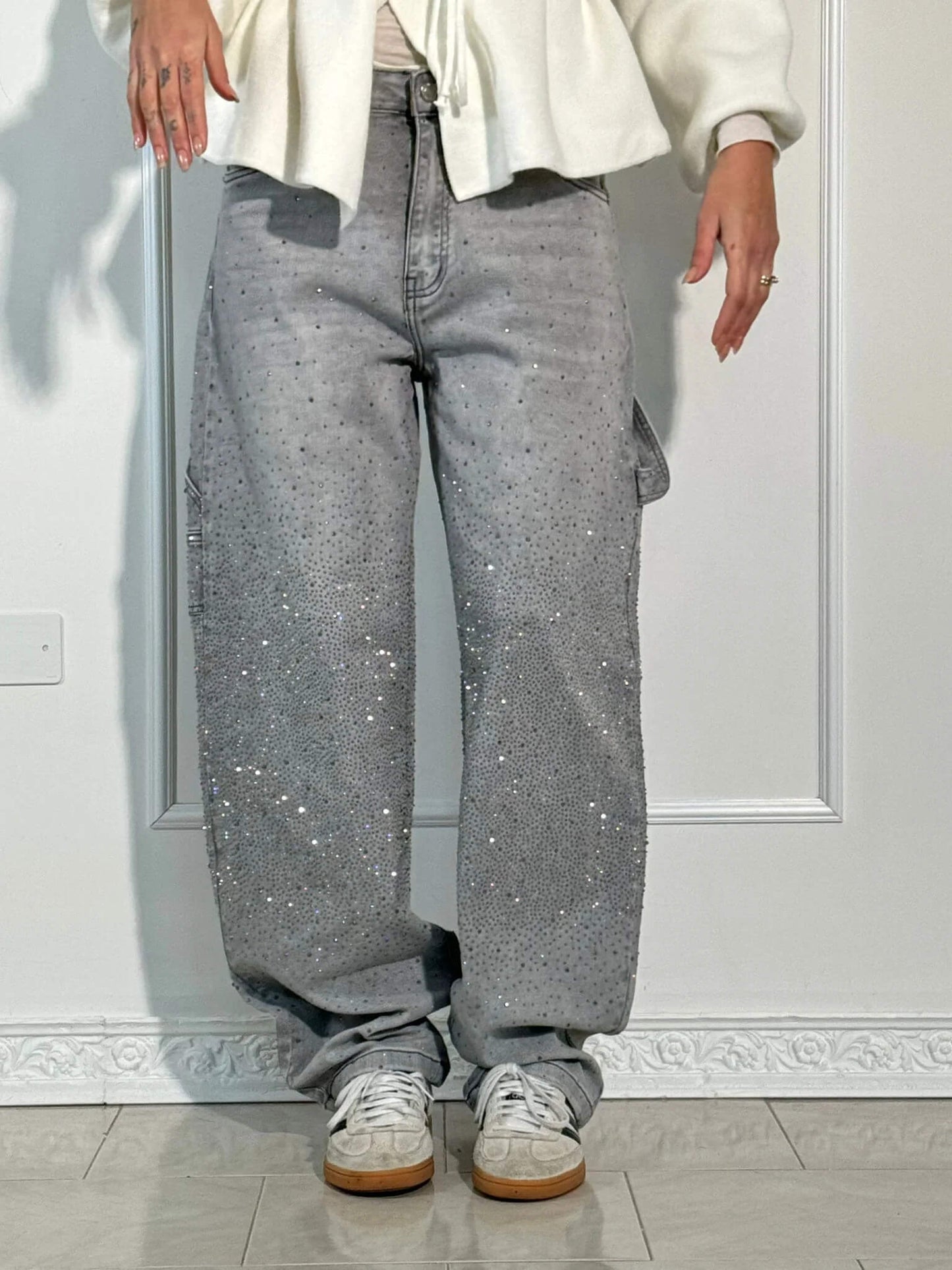 Glanzende wide leg jeans met hoge taille en relaxte fit – SERA SHINE - Glamorix
