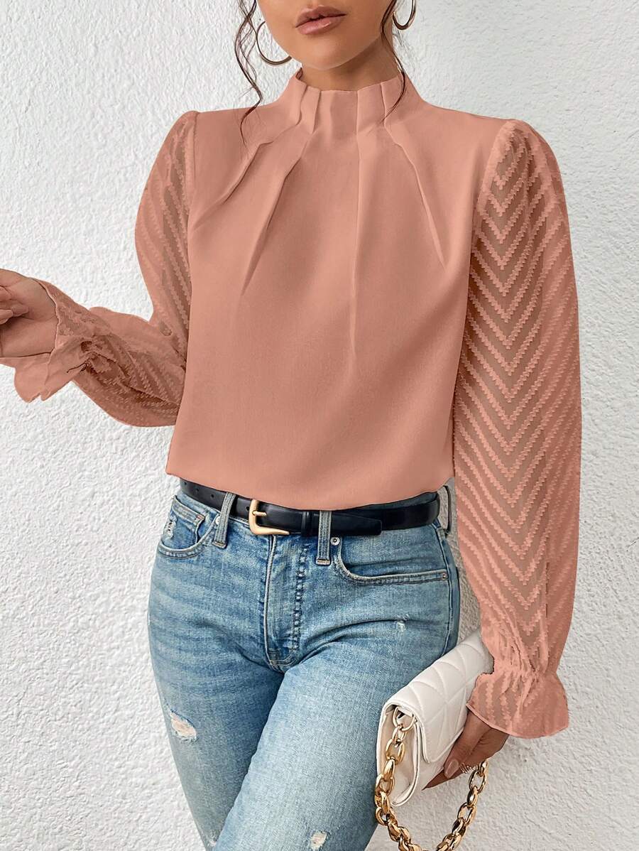 Chique damesblouse met transparante mouwen en verfijnde details – EVELYN SHEER - Glamorix