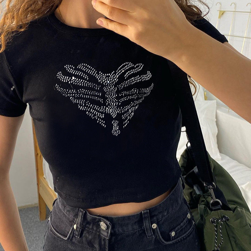 Zwarte dames crop top met strass ribcage-detail – KALYRA SPARK - Glamorix