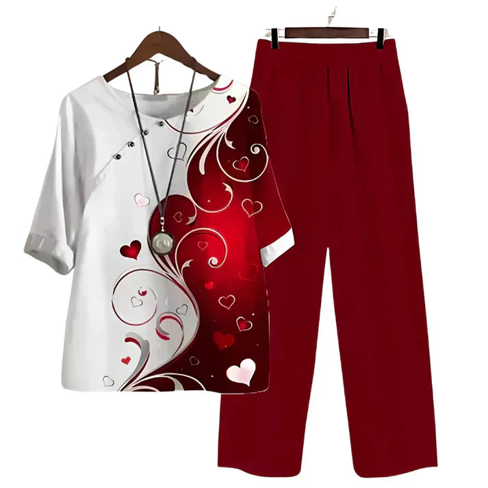 Tweedelige dames set met bloemenprint top en rechte broek – AUREA SET - Glamorix