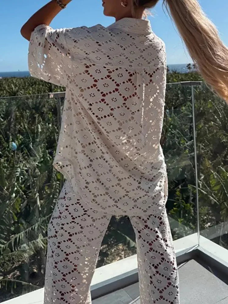 Dames set met opengewerkte top en rechte broek – ZAYLA LUXSET - Glamorix