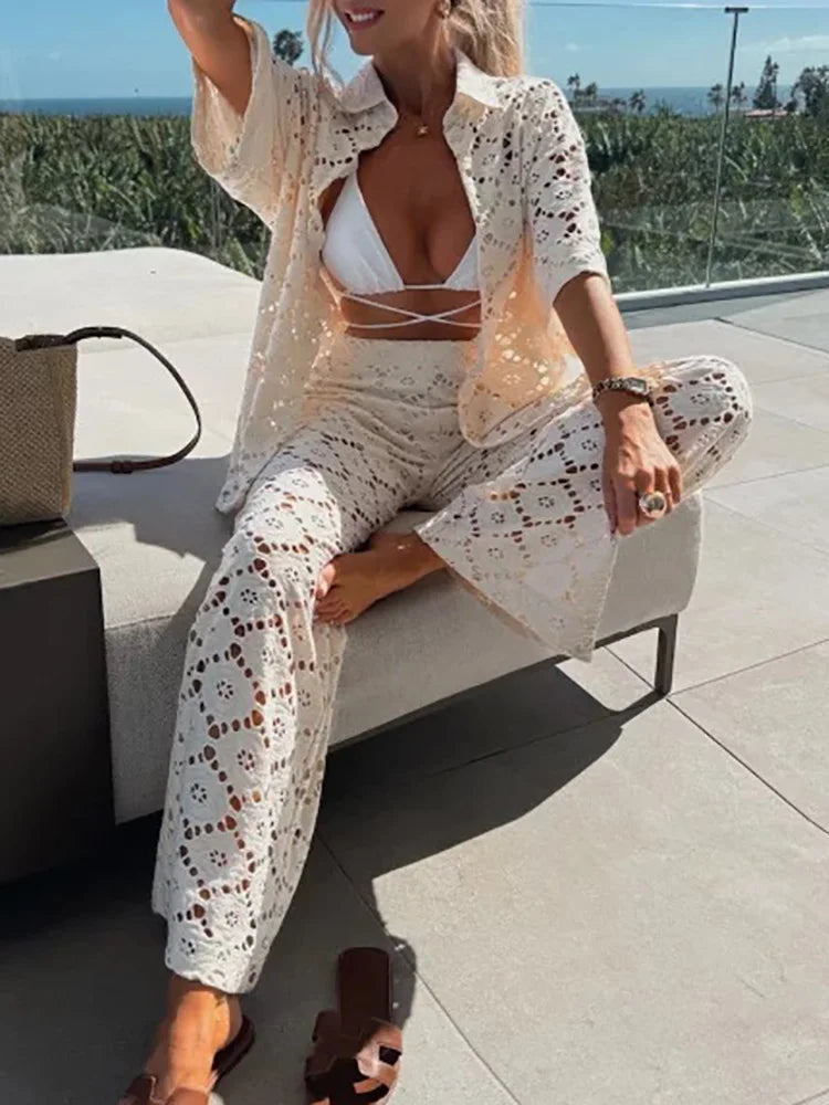 Dames set met opengewerkte top en rechte broek – ZAYLA LUXSET - Glamorix
