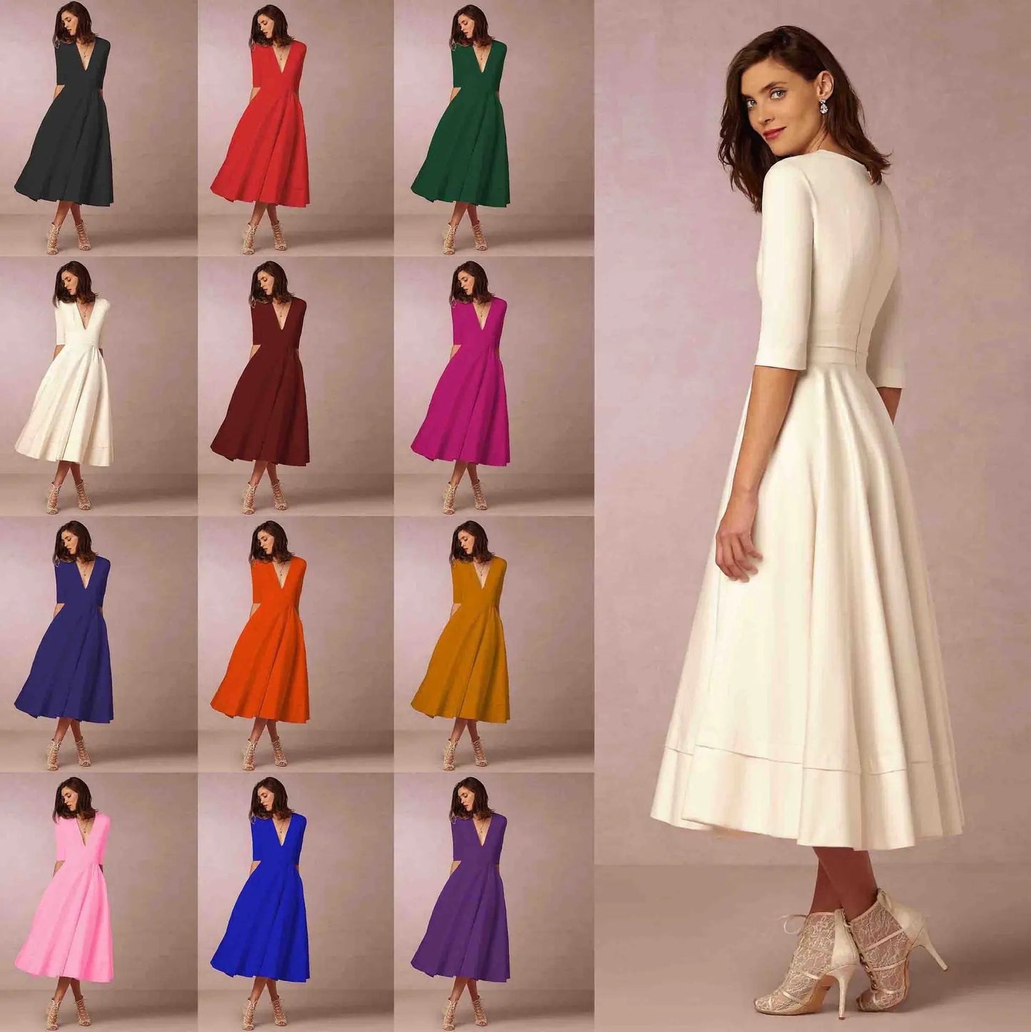 Vrouwelijke midi-jurk met V-hals en halve mouwen – SOLEA GRACE - Glamorix