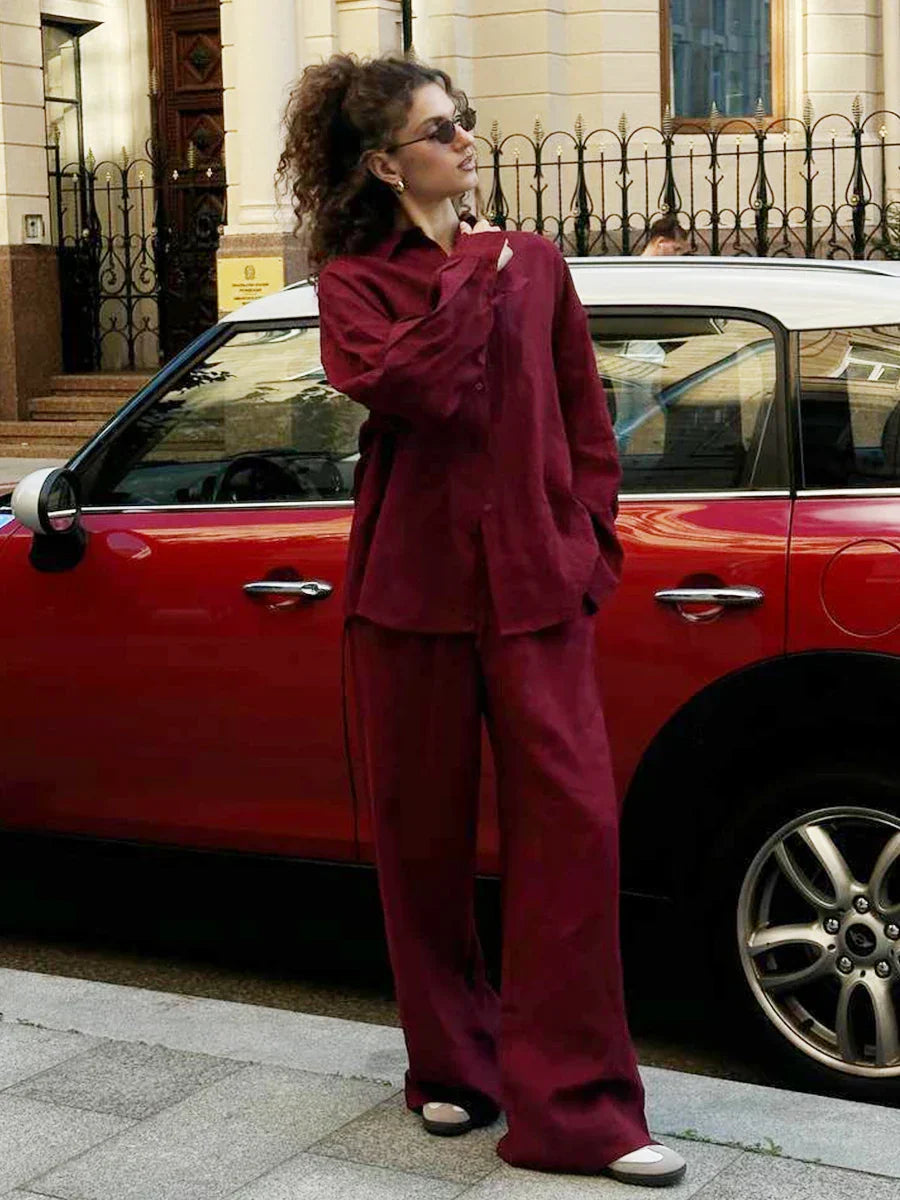 Tweedelige dames set met losse broek en openvallende blouse – SERA RELAXSET - Glamorix