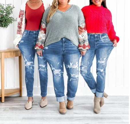 HARLOW - High-waisted boyfriend jeans met stijlvolle distressed details