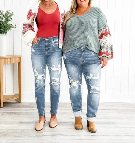 HARLOW - High-waisted boyfriend jeans met stijlvolle distressed details
