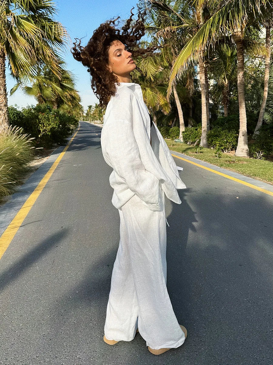 Tweedelige dames set met losse broek en openvallende blouse – SERA RELAXSET - Glamorix