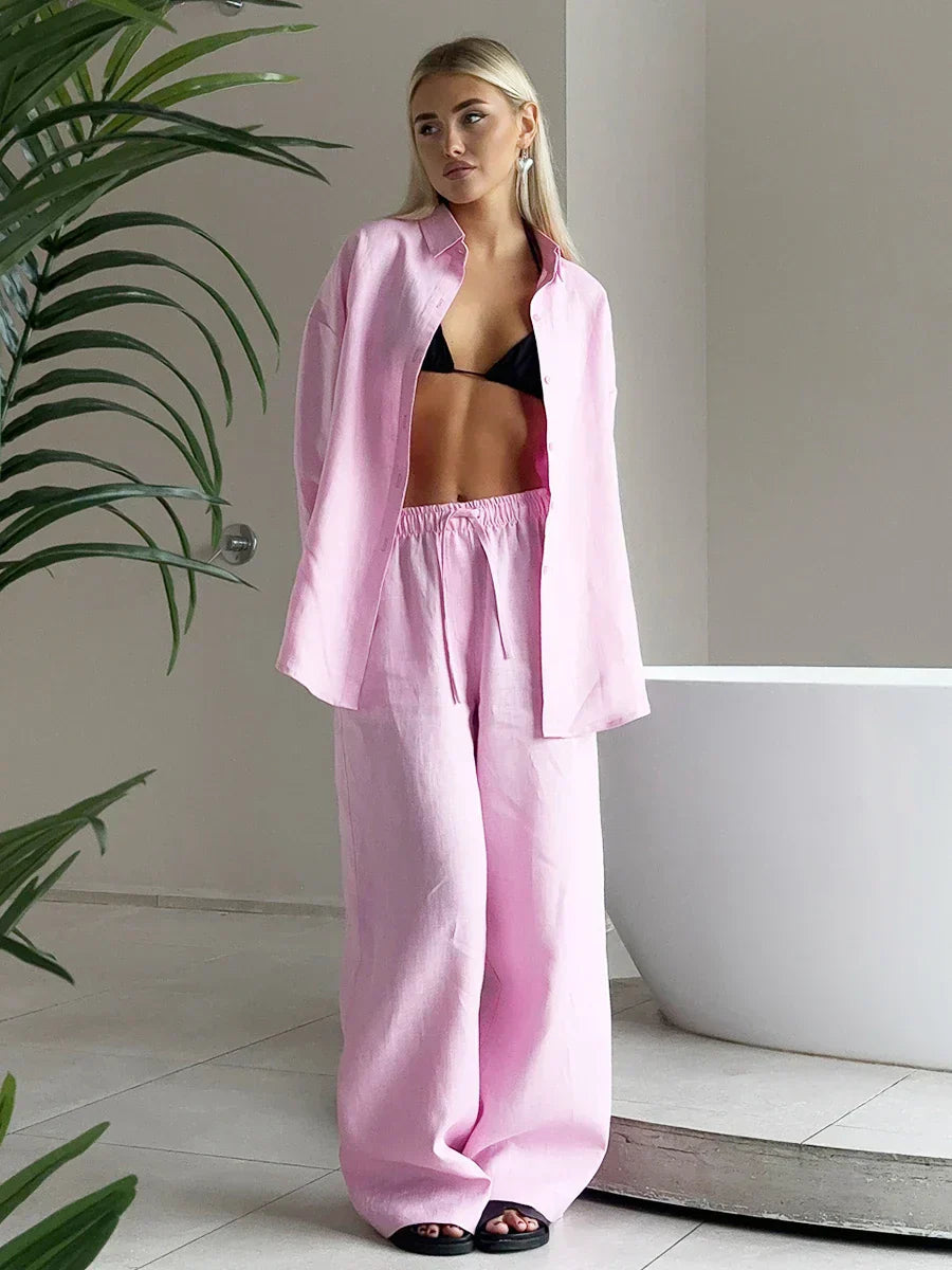 Tweedelige dames set met losse broek en openvallende blouse – SERA RELAXSET - Glamorix