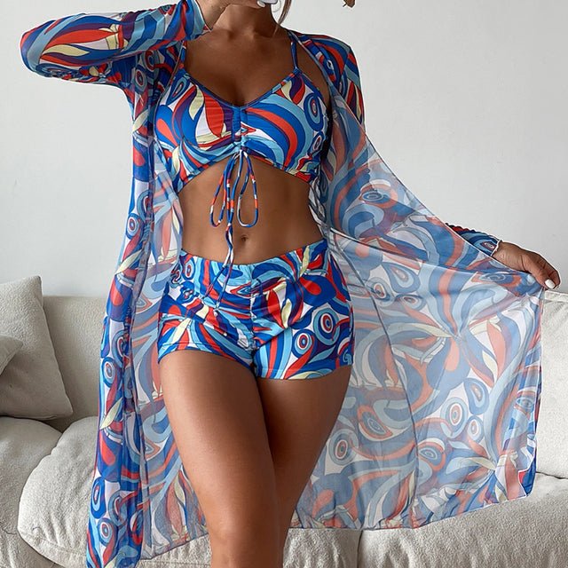 Driedelige dames strandset met crop top, short en kimono – SELENE SHORE - Glamorix
