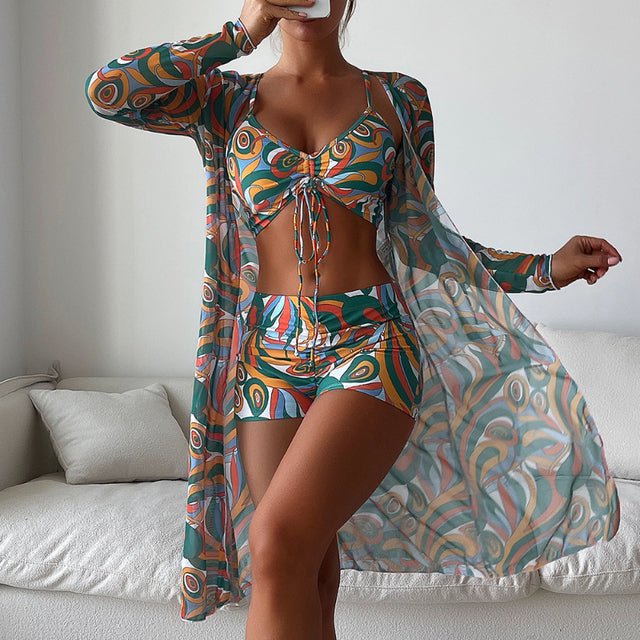 Driedelige dames strandset met crop top, short en kimono – SELENE SHORE - Glamorix