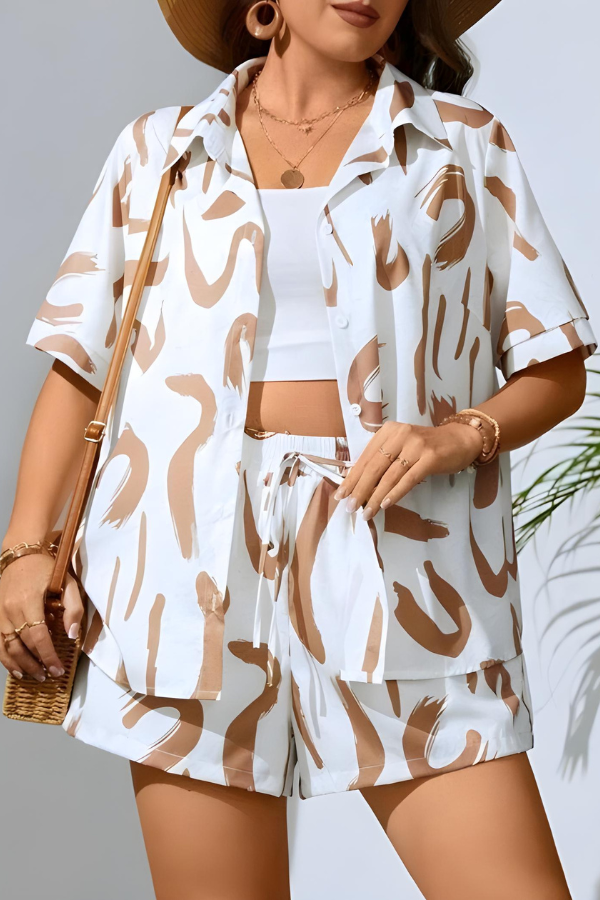 Tweedelige dames set met losvallende blouse en short – MAELIE LINNSET - Glamorix