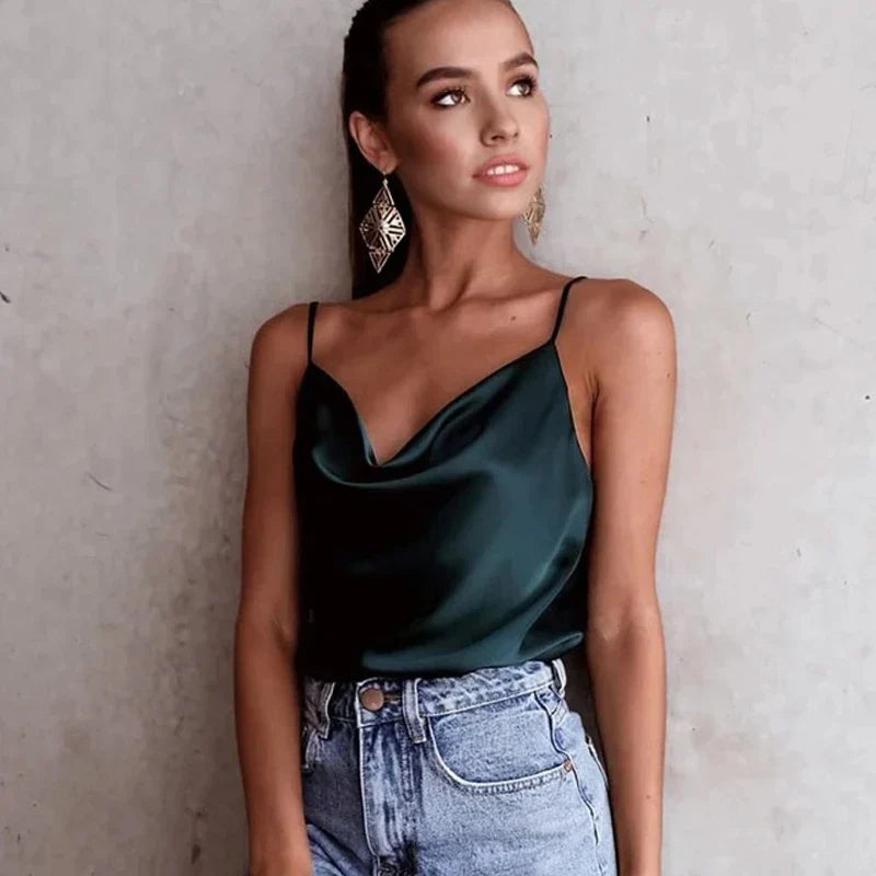 ELARA - Satijnen dames tanktop met drape en spaghetti bandjes