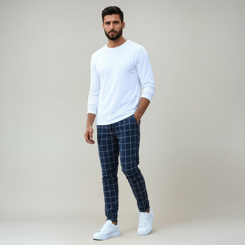 DAN – Heren broek met ruitpatroon en elastische taille met trekkoord - Glamorix