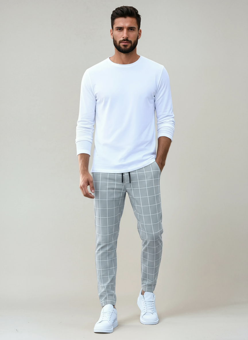 DAN – Heren broek met ruitpatroon en elastische taille met trekkoord - Glamorix