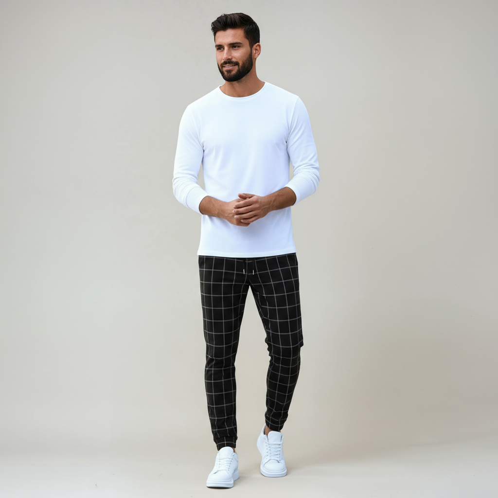 DAN – Heren broek met ruitpatroon en elastische taille met trekkoord - Glamorix