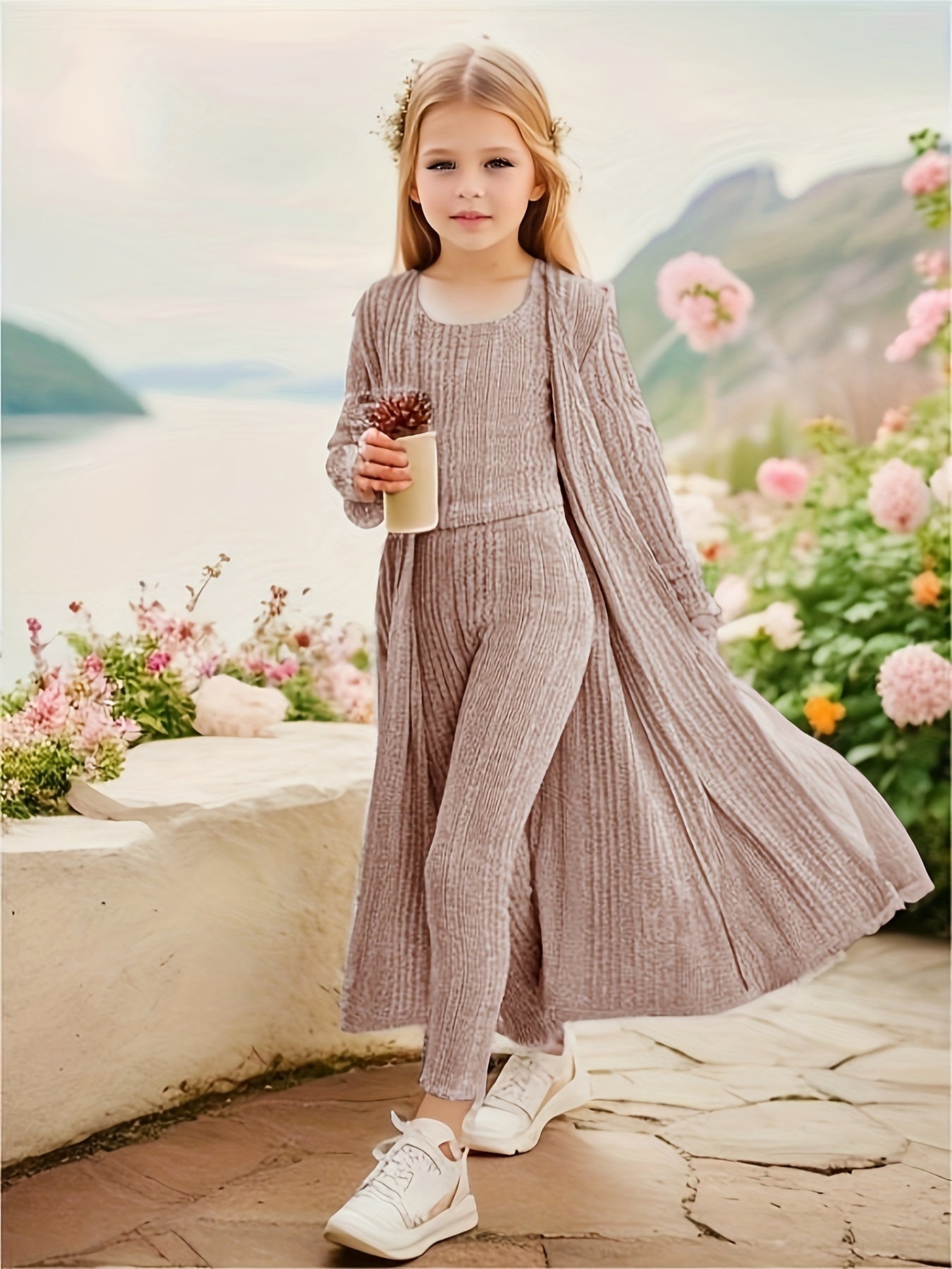 EVA - 3-delige stretchy gebreide set met vest, top en legging voor meisjes