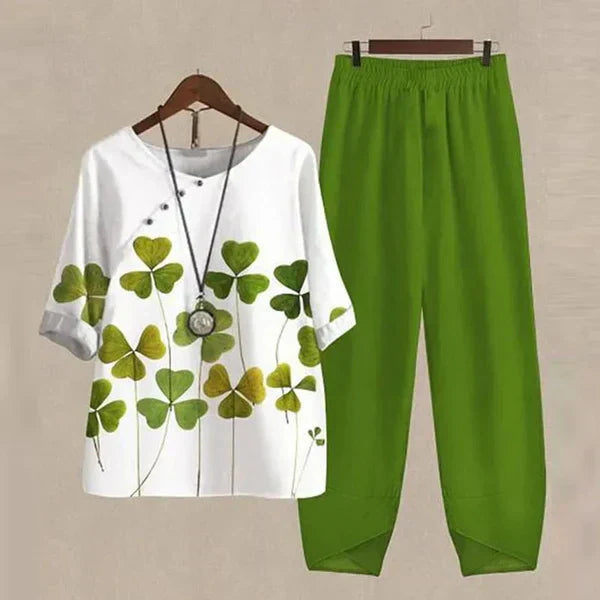 Tweedelige dames set met bloemenprint top en rechte broek – AUREA SET - Glamorix