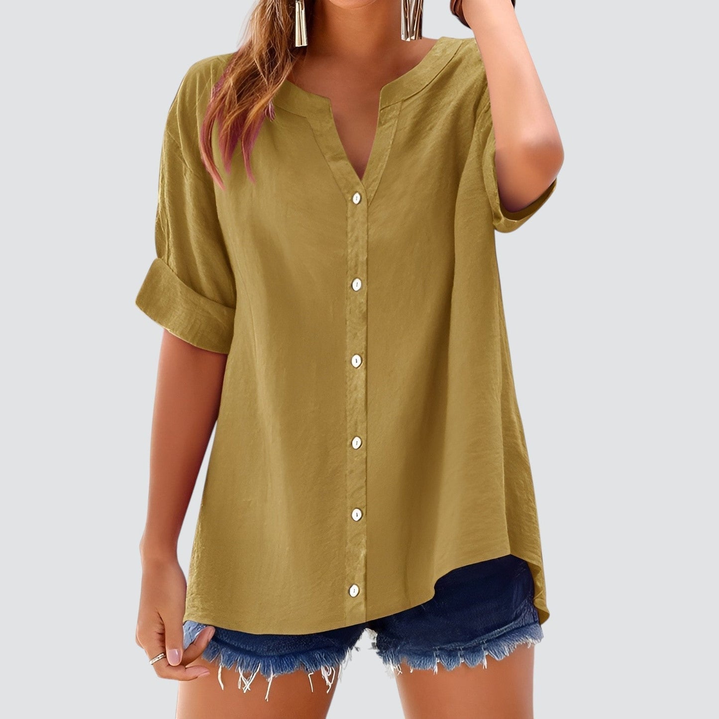 V-hals damesblouse met knoopsluiting – HANNELA - Glamorix