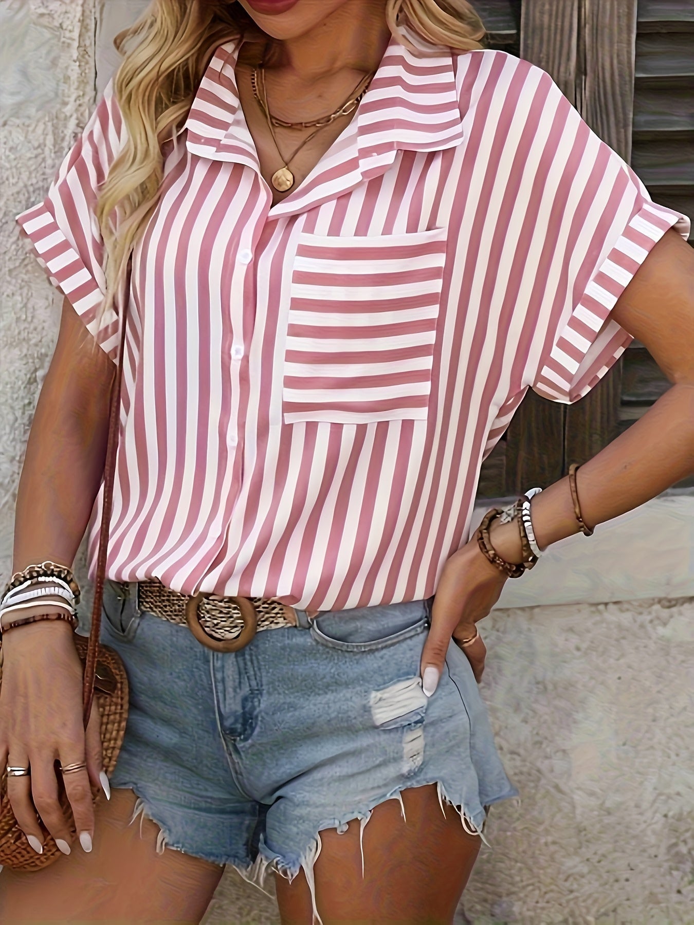 Damesblouse met korte mouwen en speelse streepdessin – LIVIA STRIPE - Glamorix