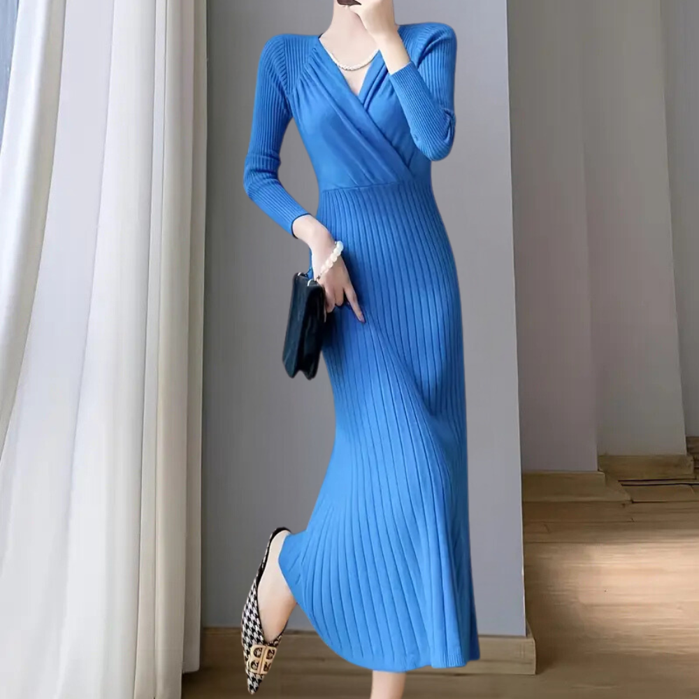EVIE - Elegante geribde wikkel midi-jurk