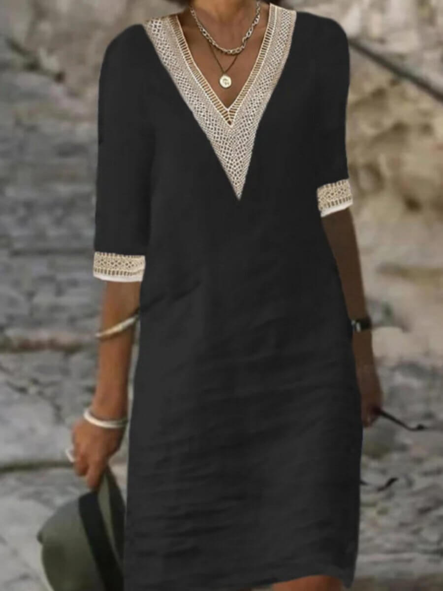Damesjurk met V-hals en kantdetails – ELARA LACE - Glamorix
