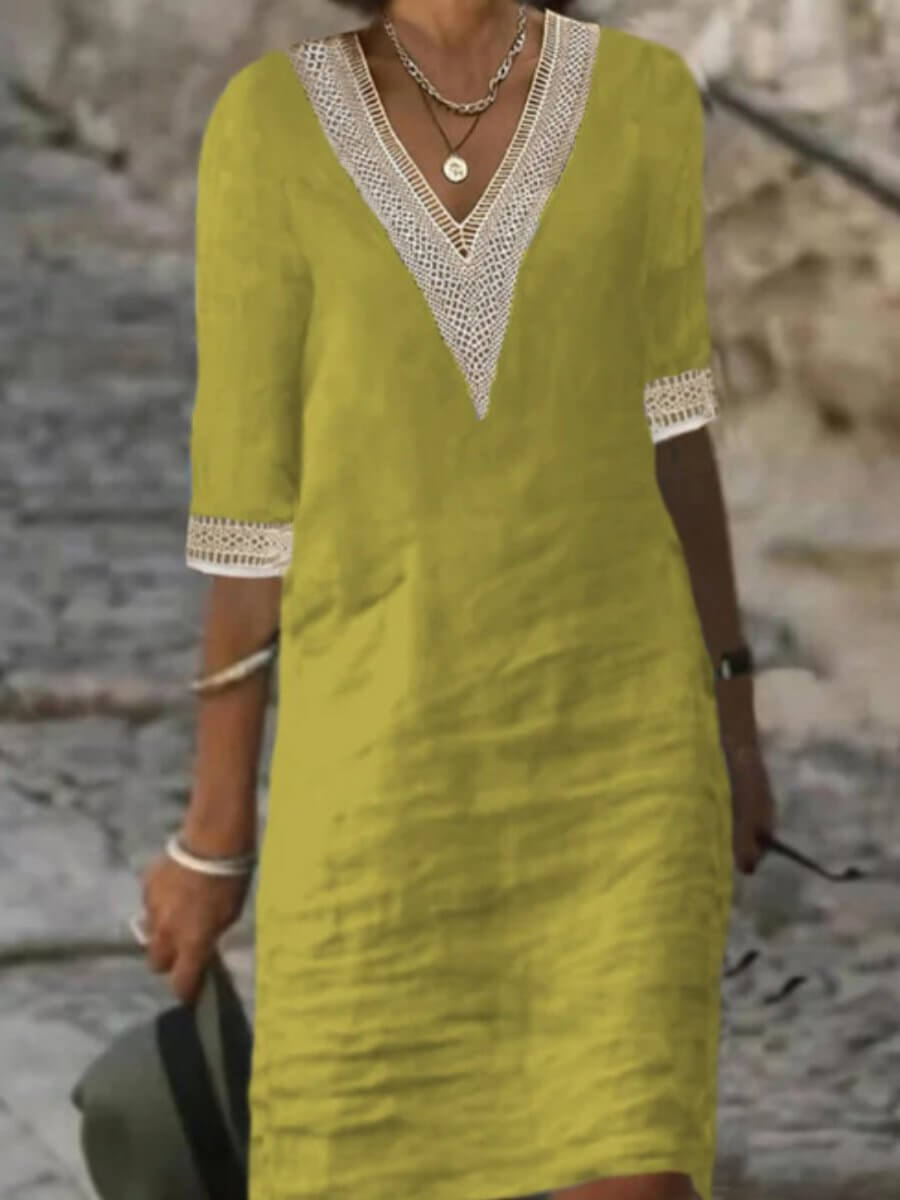 Damesjurk met V-hals en kantdetails – ELARA LACE - Glamorix