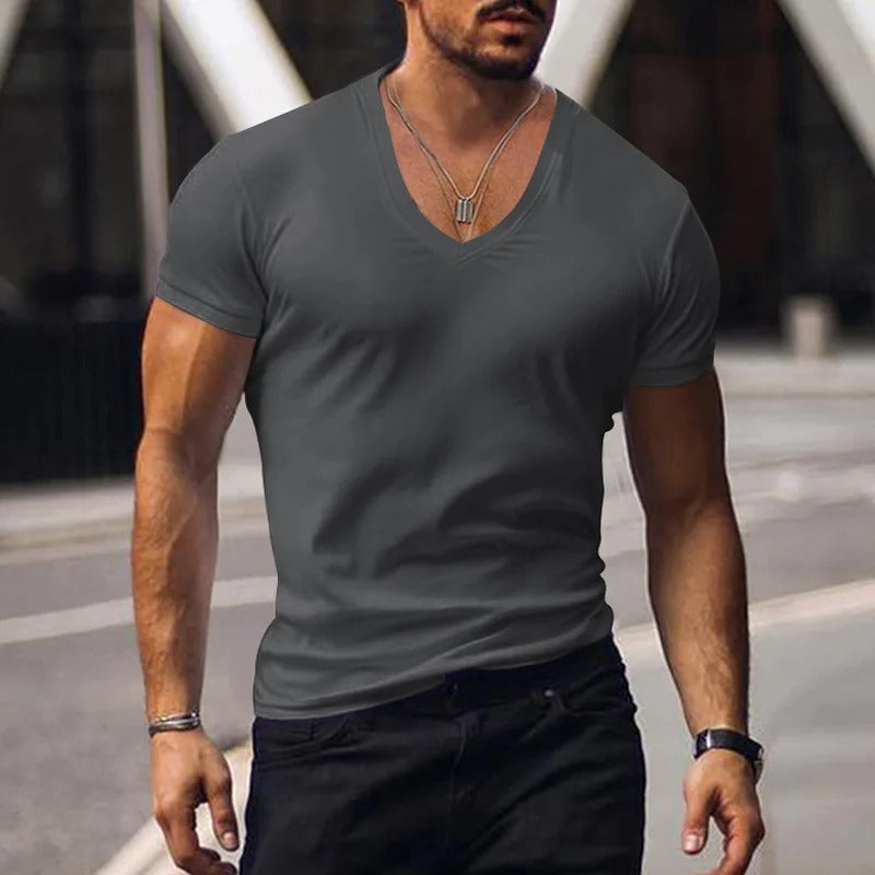 Heren slim fit T-shirt met diepe V-hals – NERO V-SHAPE - Glamorix