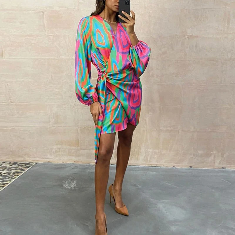 Dames overslagjurk met lange mouwen en tailleband – MIREILLE WRAP - Glamorix