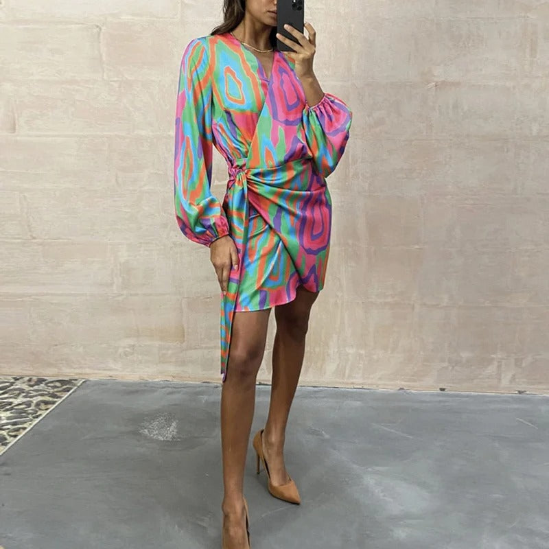 Dames overslagjurk met lange mouwen en tailleband – MIREILLE WRAP - Glamorix