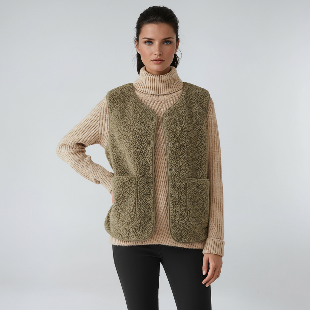 ELORA – Dames wollen bodywarmer met knopen en zakken - Glamorix