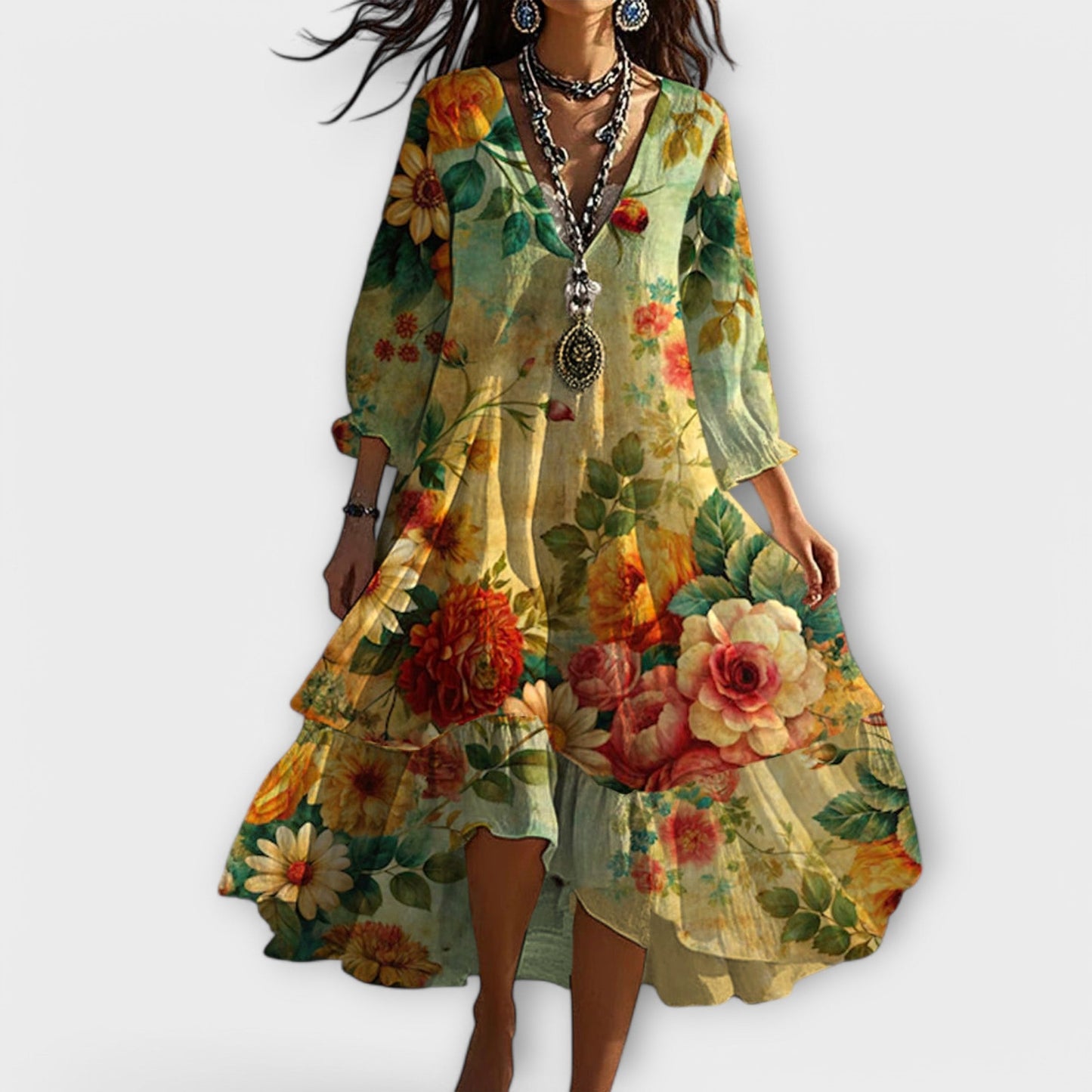 Bohemien bloemenjurk met zwierige pasvorm en V-hals – BohaLune - Glamorix