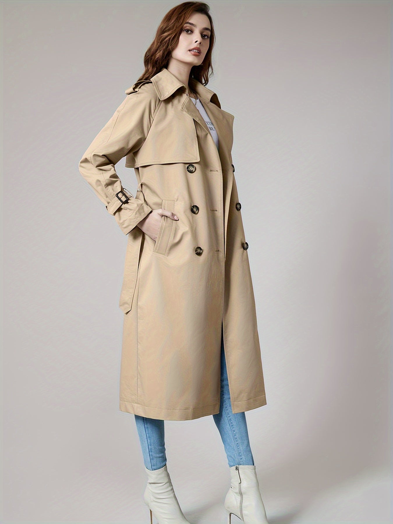 SOPHIA - Lange dames trenchcoat met dubbele knopen en klassieke getailleerde pasvorm