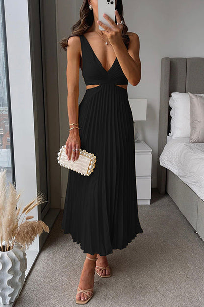 Elegante midi-jurk met geplooide rok en diepe V-hals – LUMINA - Glamorix