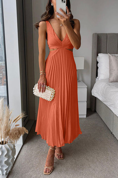Elegante midi-jurk met geplooide rok en diepe V-hals – LUMINA - Glamorix